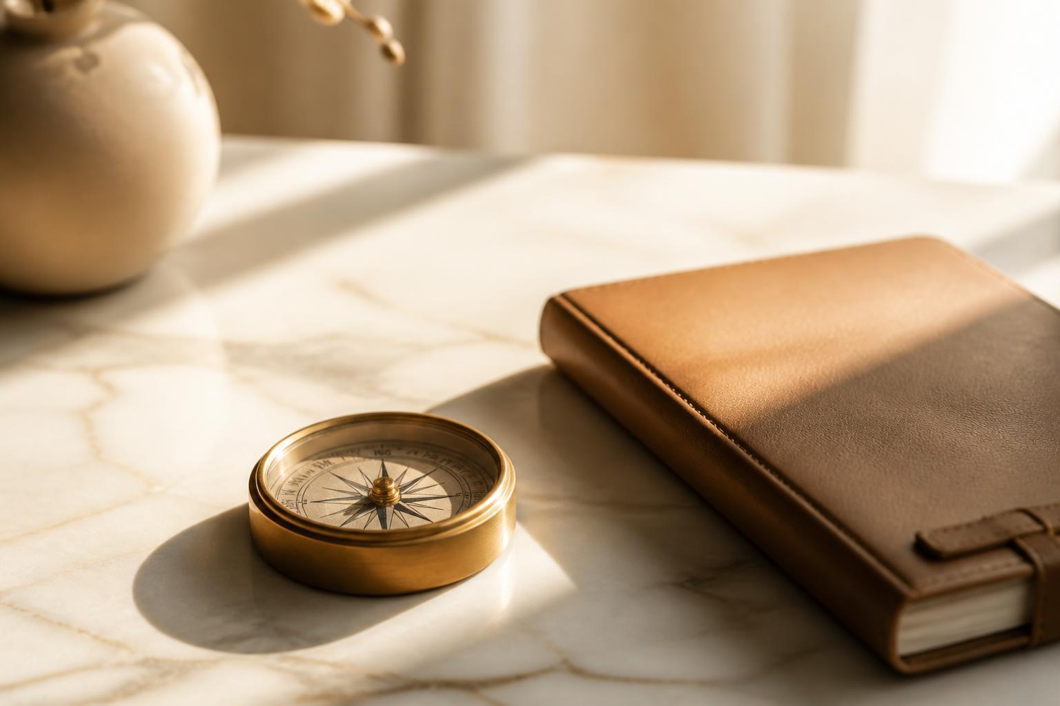 Quiet workspace with a brass compass and leather journal